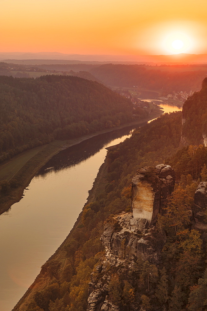 Elbe river at sunset in Elbe Sandstone Mountains, Germany, Europe