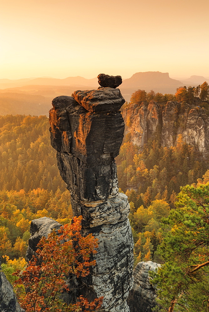 Wehlnadel rocks at sunset in Elbe Sandstone Mountains, Germany, Europe