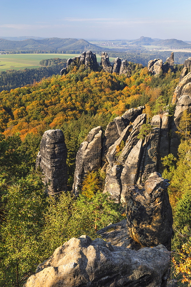 Schrammsteine rocks during autumn in Elbe Sandstone Mountains, Germany, Europe