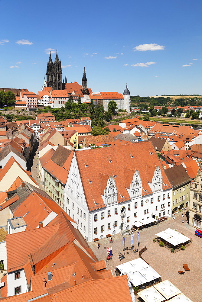 View over market square with townhall to Cathedral and Albrechtsburg Castle, Meissen, Saxony, Germany, Europe