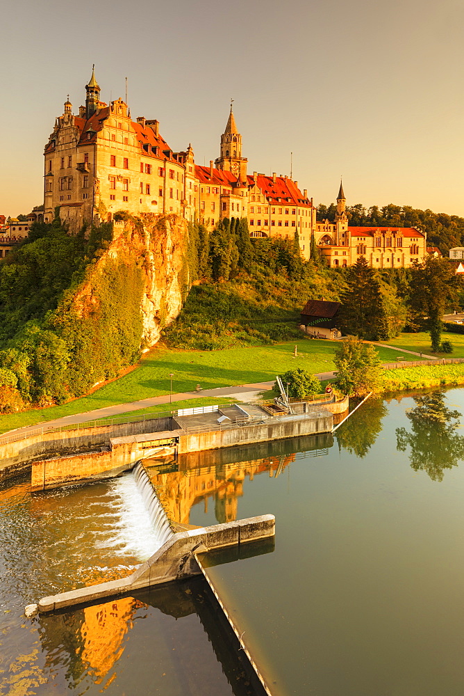 Sigmaringen Castle at sunset, Upper Danube Valley, Swabian Jura, Baden-Wurttemberg, Germany, Europe