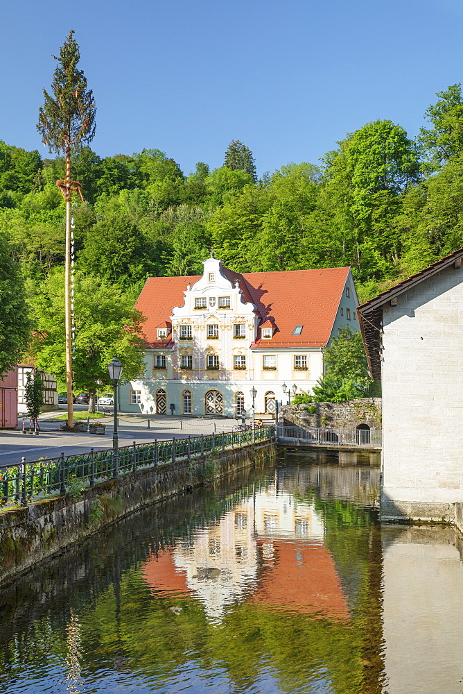 Town hall reflecting in Brenz River, Koenigsbronn, Swabian Jura, Baden-Wuerttemberg, Germany, Europe