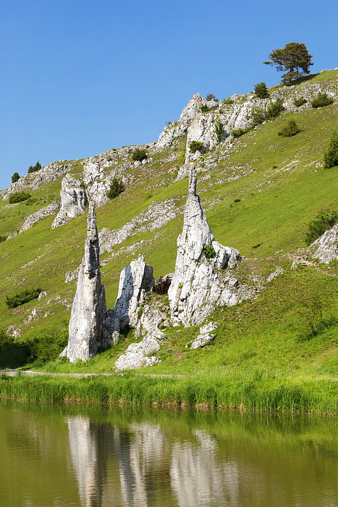 Steinerne Jungfrauen rock formation, Eselsburger Tal Valley, Herbrechtingen, Swabian Jura, Baden-Wurttemberg, Germany, Europe