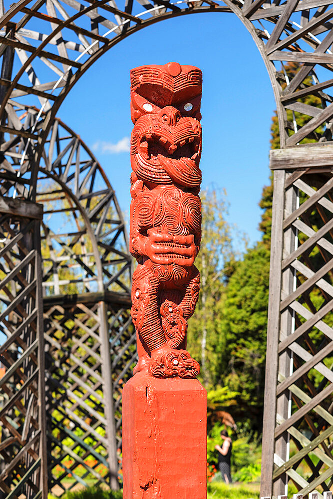 Maori wooden statue, Rotorua, Bay of Plenty, North Island, New Zealand, Pacific