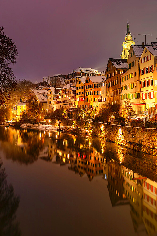 Old Town with Holderlinturm tower and Collegiate Church on Neckar River, Tubingen, Swabian Alps, Baden-Wurttemberg, Germany, Europe