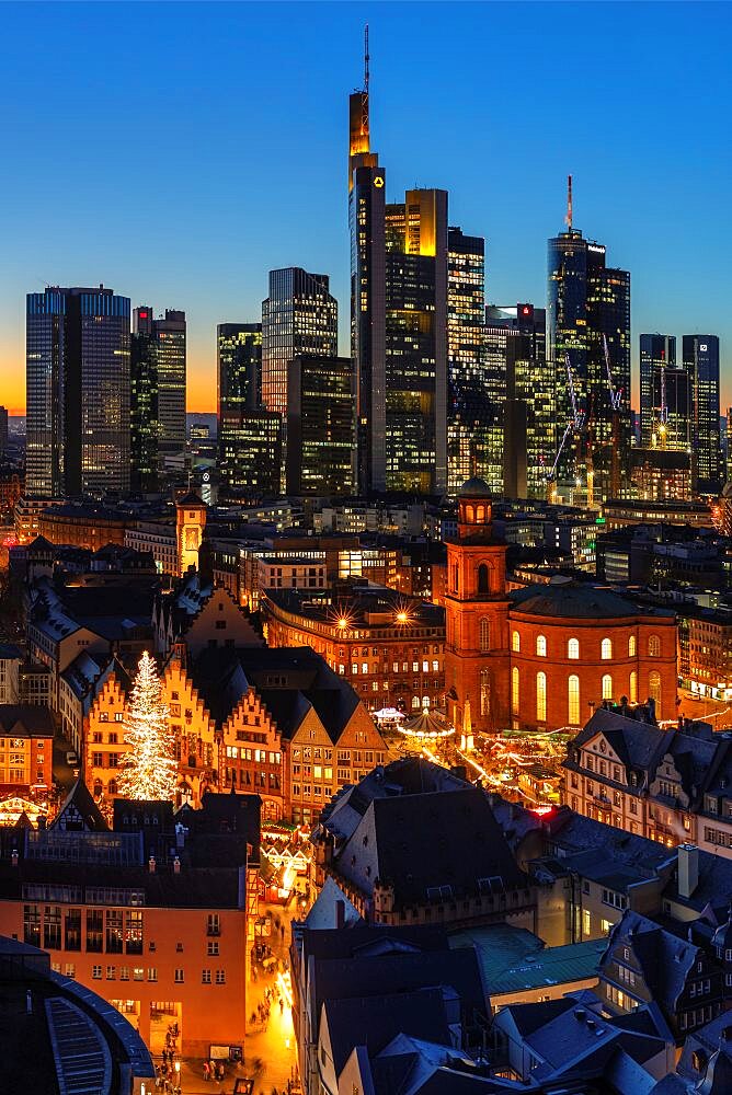 View from Kaiserdom Cathedral St. Bartolomew over Romerberg to Paulskirche Church and the skyline of Frankfurt am Main, Hessen, Germany, Europe