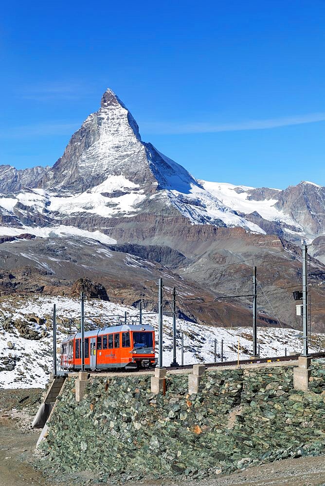 Gornergratbahn cog railway, view of Matterhorn Peak (4478m), Swiss Alps, Zermatt, Valais, Switzerland