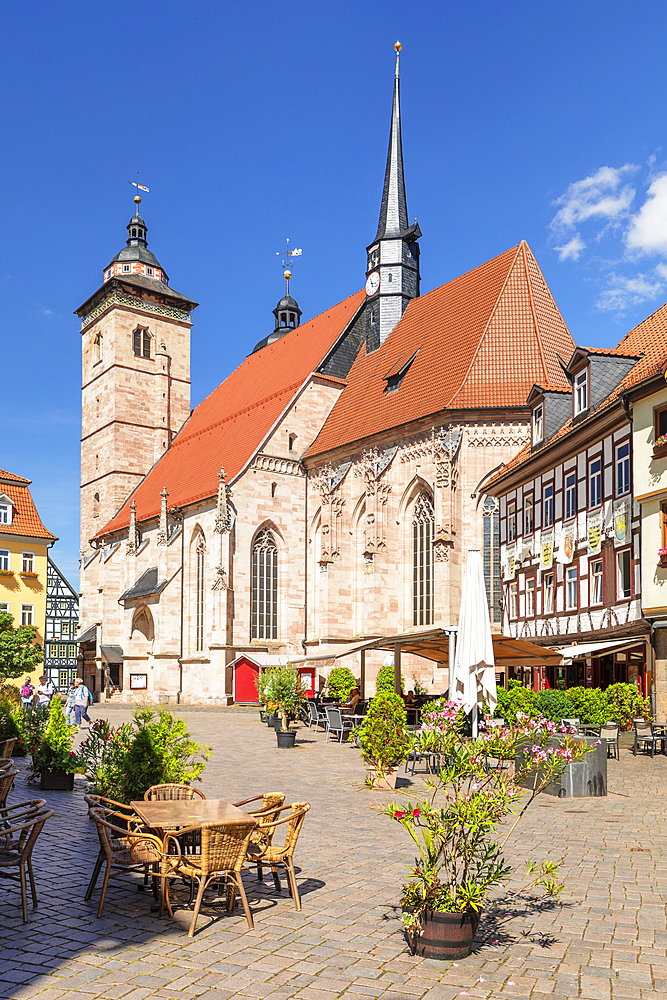 Old market with the town church St. George, Schmalkalden, Thuringian Forest, Thuringia, Germany