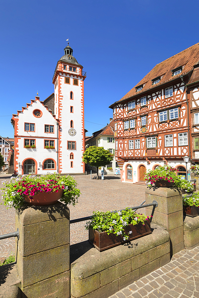 Town hall and Palmsches Haus on market square, Mosbach, Neckartal Valley, Odenwald, Baden-Wurttemberg, Germany, Europe