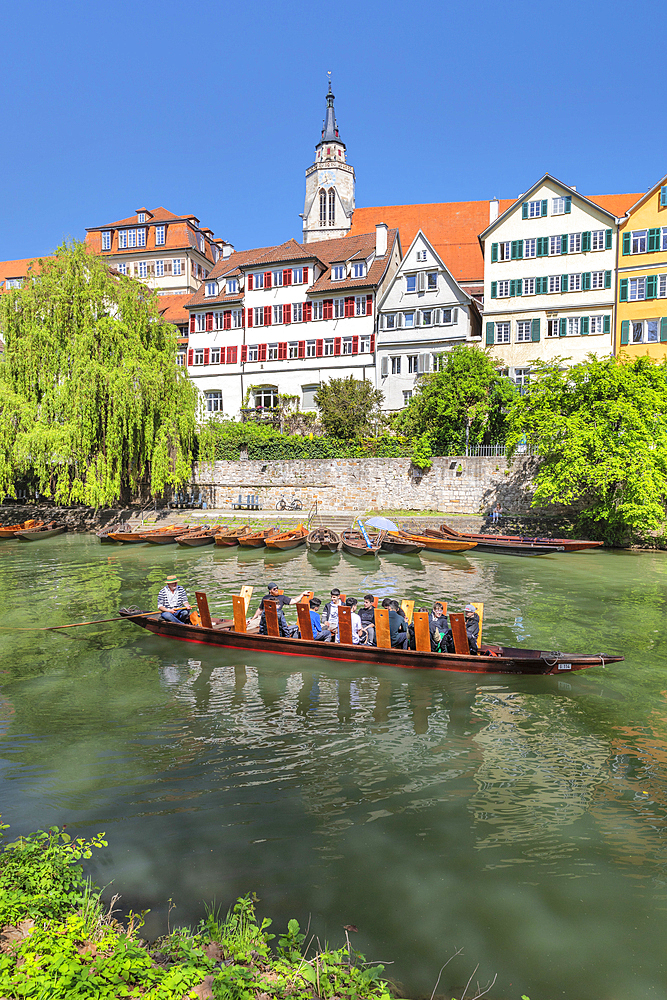 Tourist boat on Neckar River, Tubingen, Baden Wurttemberg, Germany, Europe