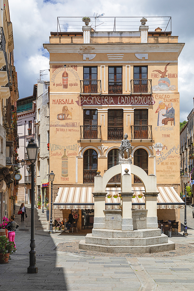 Pasticceria Lamarmora and Fontana Maimoni fountain, Iglesias, Sardinia, Italy, Mediterranean, Europe