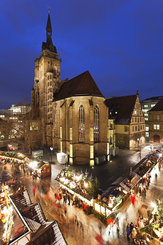 Christmas fair on Schillerplatz Square, Stiftskirche church, Stuttgart, Baden Wurttemberg, Germany, Europe