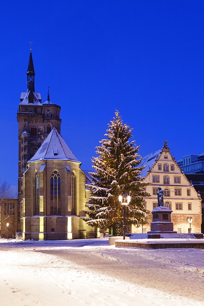 Schillerplatz with Stiftskirche, Christmas tree and Schillerdenkmal, Stuttgart, Baden Wurttemberg, Germany, Europe