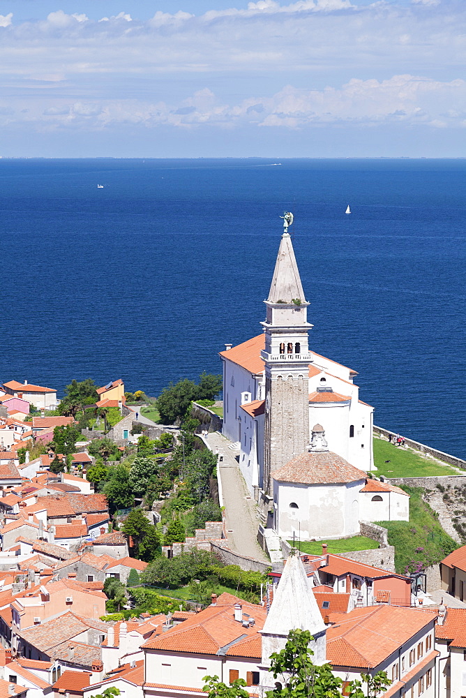 High angle view of the old town with the cathedral of St. George, Piran, Istria, Slovenia, Europe