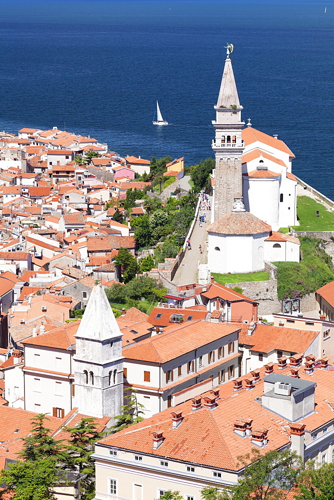 High angle view of the old town with the cathedral of St. George, Piran, Istria, Slovenia, Europe