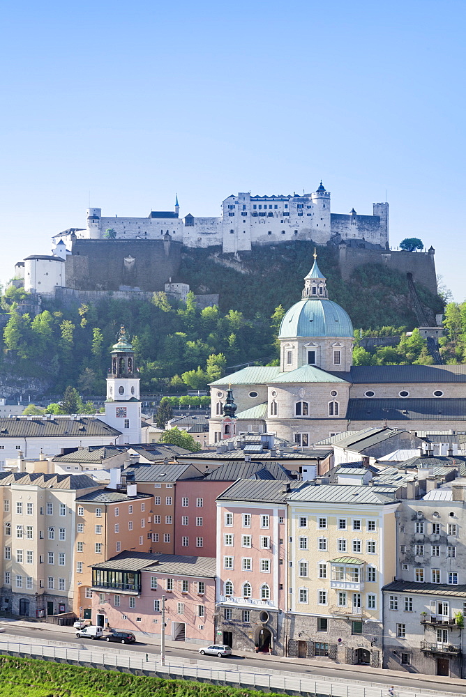 High angle view of the old town with Hohensalzburg Fortress, Dom Cathedral and Kappuzinerkirche Church, UNESCO World Heritage Site, Salzburg, Salzburger Land, Austria, Europe