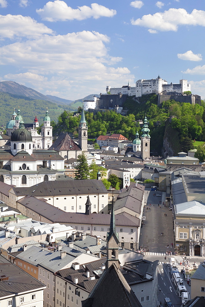 High angle view of the old town with Hohensalzburg Fortress, Dom Cathedral and Kappuzinerkirche Church, UNESCO World Heritage Site, Salzburg, Salzburger Land, Austria, Europe