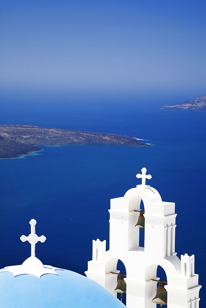 St. Gerasimos Church with blue dome overlooking the Aegean Sea, Firostefani, Santorini, Cyclades, Greek Islands, Greece, Europe 