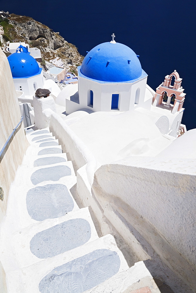 Church with blue dome with view of the Aegean Sea, Oia, Santorini, Cyclades, Greek Islands, Greece, Europe 