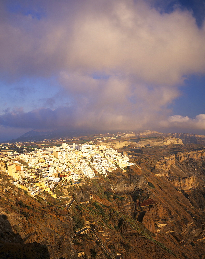 Evening view over Fira and the volcanic landscape, Santorini, Cyclades, Greek Islands, Greece, Europe 