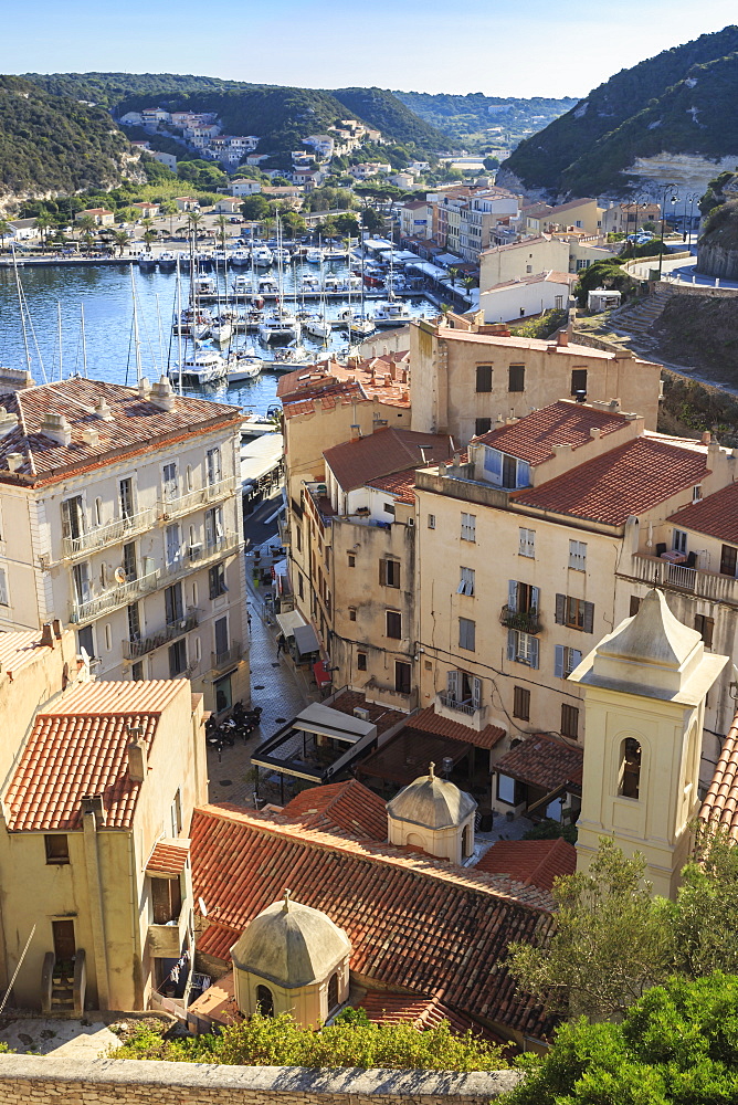 Elevated view of marina, Bonifacio, Corsica, France, Mediterranean, Europe