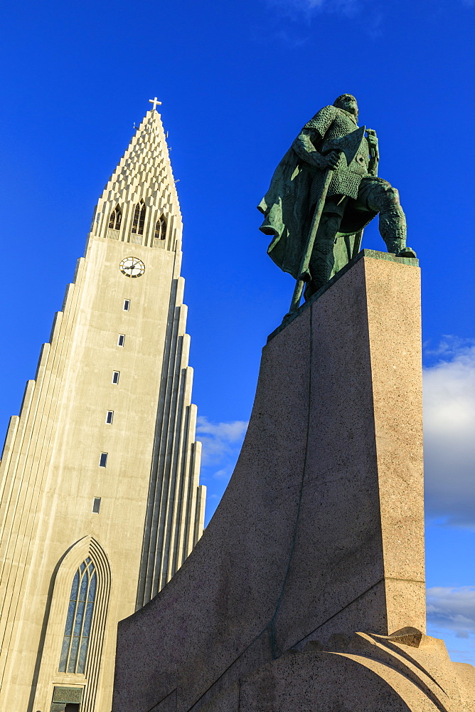 Statue of Leifur Eiriksson outside Hallgrimskirkja church in Reykjavic, Iceland, Europe