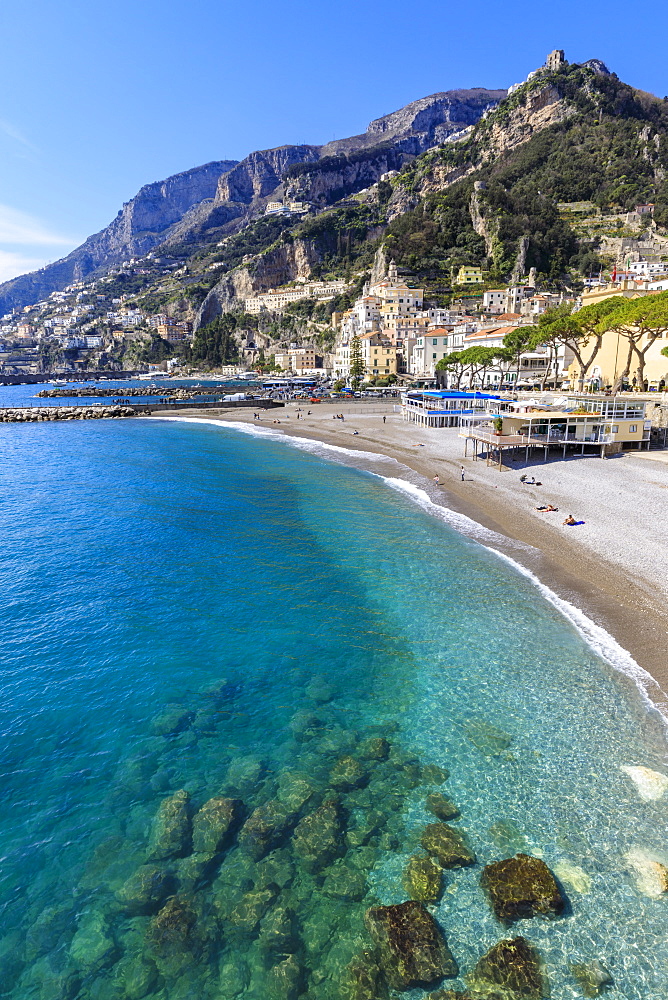 Beautiful Amalfi, sun and turquoise blue sea, Costiera Amalfitana (Amalfi Coast), UNESCO World Heritage Site, Campania, Italy