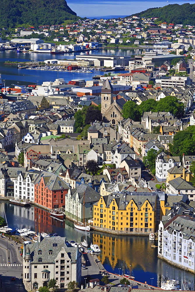 View from Aksla hill over the Art Nouveau buildings of Alesund and out to the open sea, More og Romsdal, Norway, Scandinavia, Europe