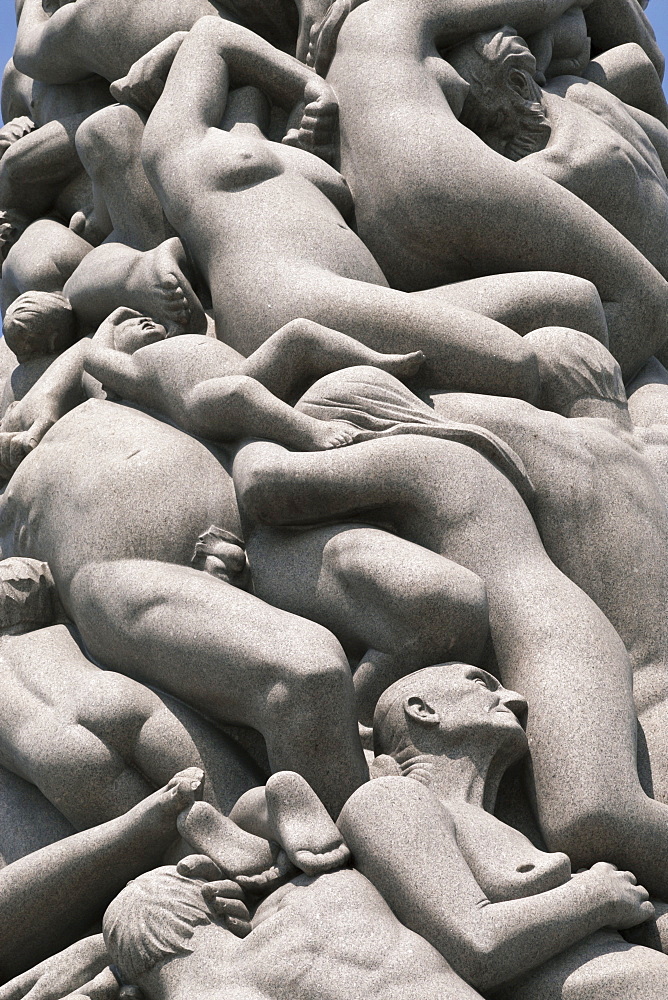 Intertwined human figures, detail of the Monolith by Gustav Vigeland, Frogner Park, Oslo, Norway, Scandinavia, Europe