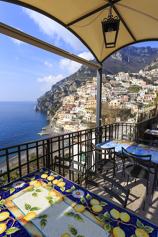 Positano, from a cliffside cafe, Costiera Amalfitana (Amalfi Coast), UNESCO World Heritage Site, Campania, Italy, Europe 