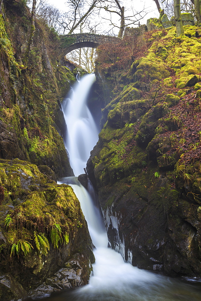 Aira Force waterfall in winter, near Dockray, Lake District National Park, Cumbria, England, United Kingdom, Europe