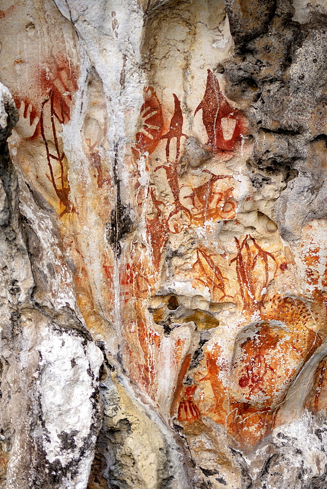 Prehistoric rock art in Misool, Raja Ampat, West Papua, Spice Islands, Indonesia, Southeast Asia, Asia