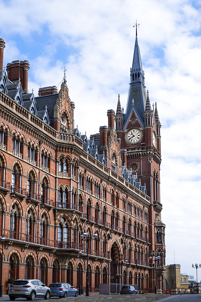 St. Pancras Eurostar rail terminal showing the Clock Tower designed by George Gilbert Scott, London, England, United Kingdom, Europe