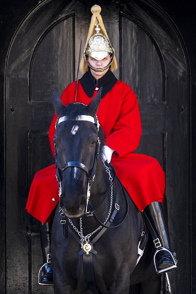 A Lifeguard of the Queen's Guards, in ceremonial dress on sentry duty, Horse Guards, Westminster, London, England, United Kingdom, Europe