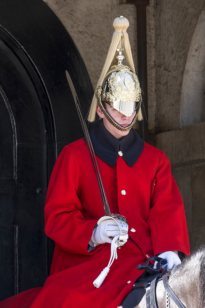 A Lifeguard of the Queen's Guards, in ceremonial dress on sentry duty, Horse Guards, Westminster, London, England, United Kingdom, Europe