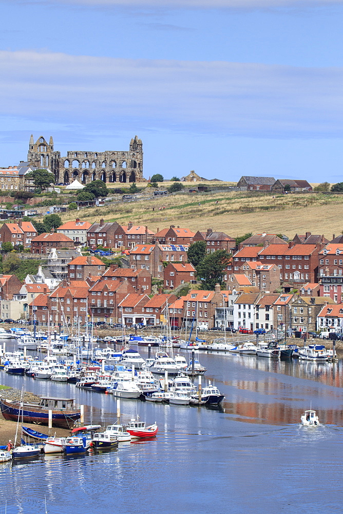 The harbour and the ruined abbey on the hill behind, Whitby, Yorkshire, England, United Kingdom, Europe