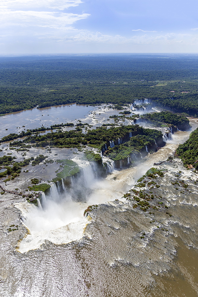 Aerial view of the Devil's Throat and the Iguassu River, Iguazu Falls, UNESCO World Heritage Site, Parana, Brazil, South America