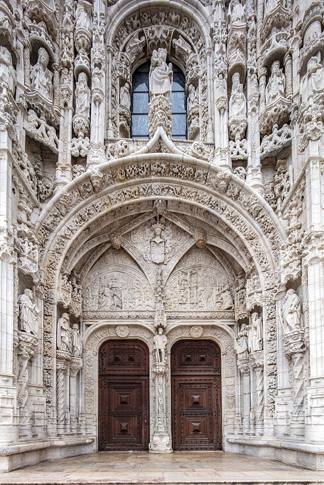 Decorated Manueline Gothic doorway to the Mosteiro dos Jeronimos (Hieronymites Monastery), UNESCO World Heritage Site, Belem, Lisbon, Portugal, Europe