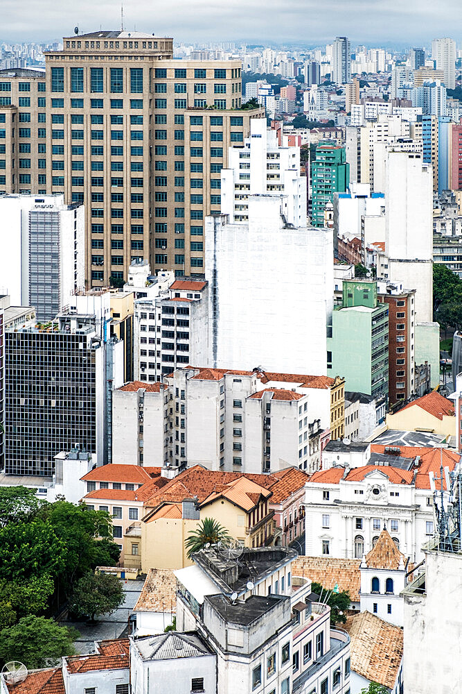 Elevated view of colonial Portuguese buildings and skyscrapers in the historic city centre of Sao Paulo, Sao Paulo, Brazil, South America