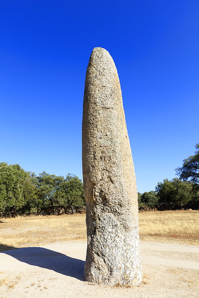 The 7 metre tall Menhir at Meada, the largest megalithic standing stone in the Iberian peninsula, Alentejo, Portugal, Europe