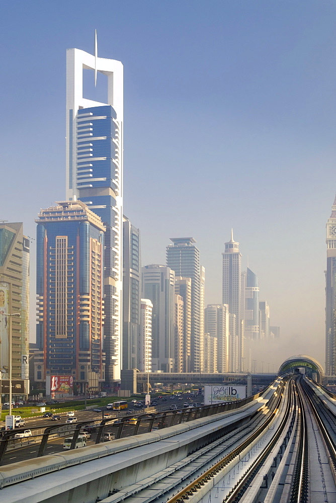 View of the Dubai metro rapid transit rail network and skyscrapers, Dubai, United Arab Emirates, Middle East