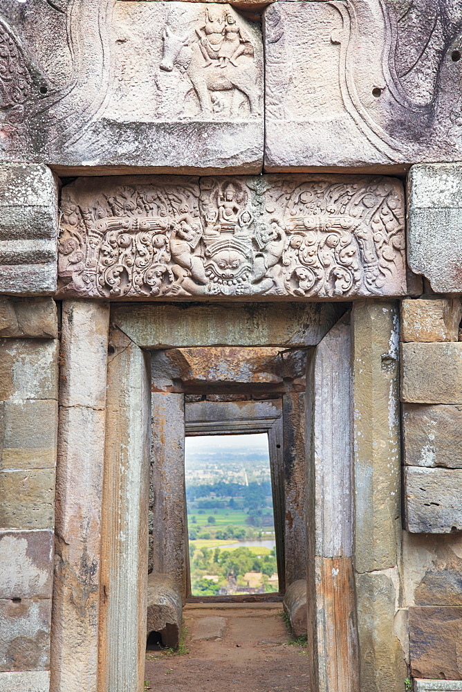 A lintel on a Khmer temple on Chi Sor Mountain in Takeo, Cambodia, Indochina, Southeast Asia, Asia