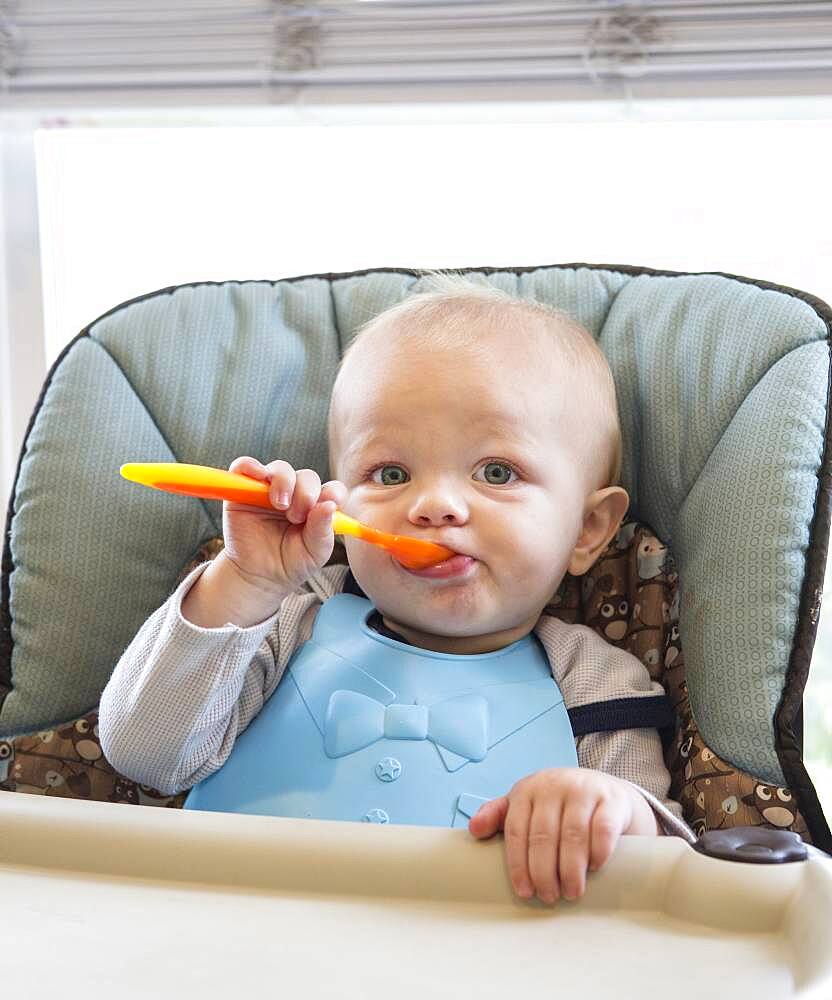 Caucasian baby boy eating in high chair