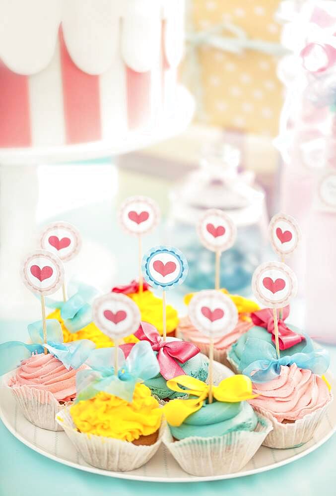 Plate of cupcakes at birthday party