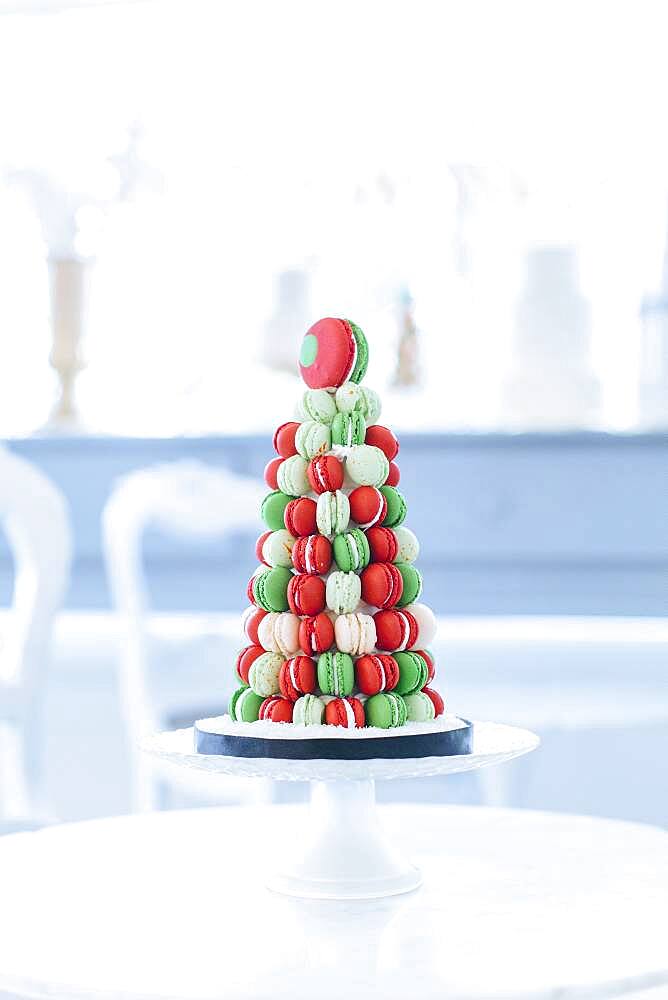 Holiday macaroon cake on table