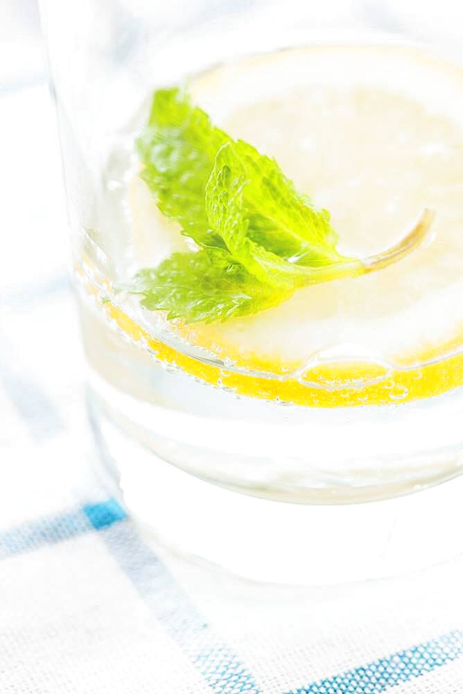 Close up of glass of herbal lemon water