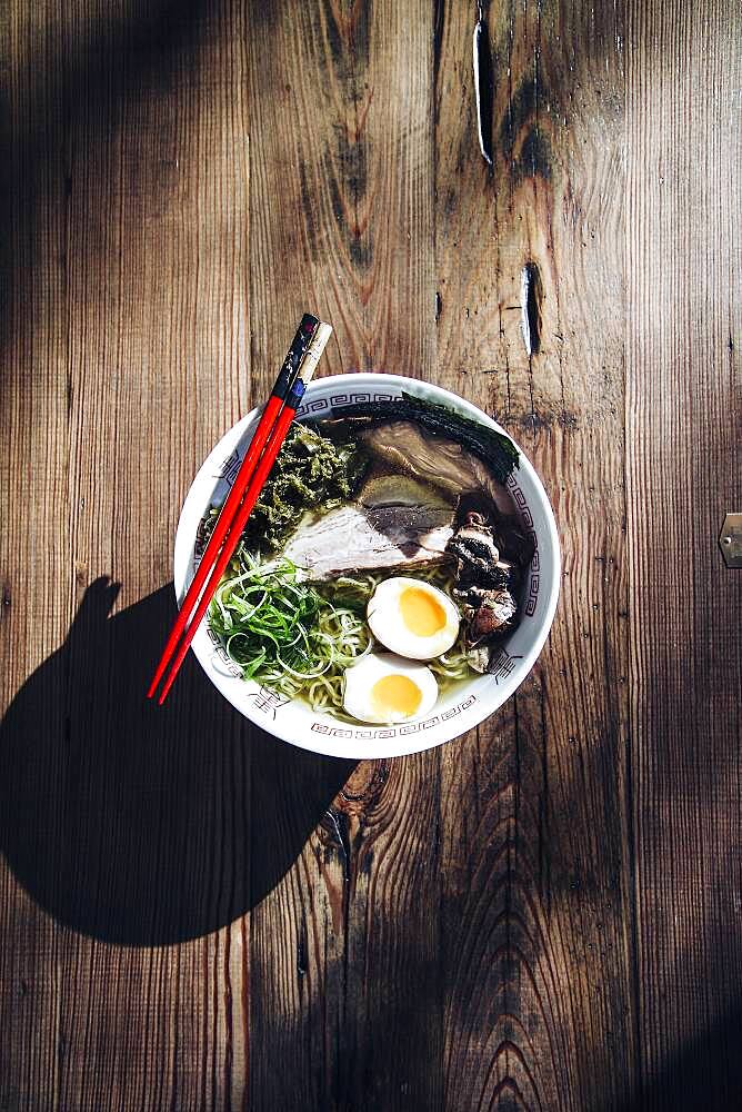 High angle view of bowl of ramen