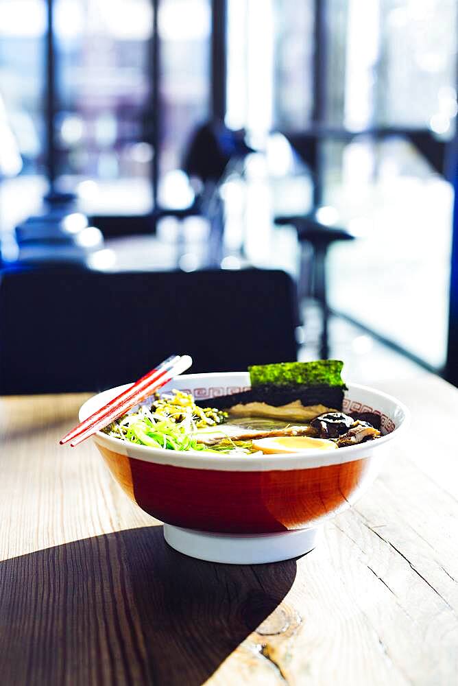 Bowl of ramen on restaurant table