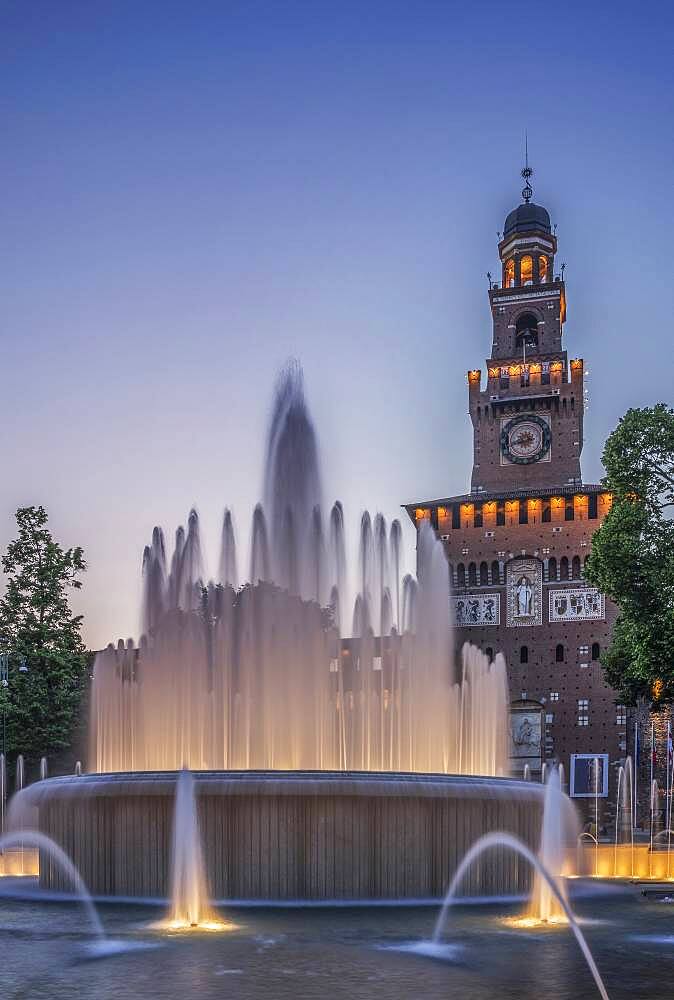 Ornate fountain near clock tower, Milano, Lombardia, Italy