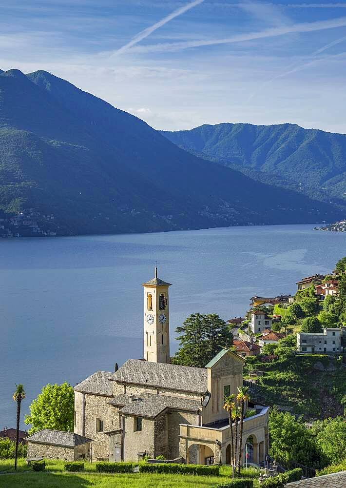 Aerial view of waterfront church and Lake Como, Argegno, Italy